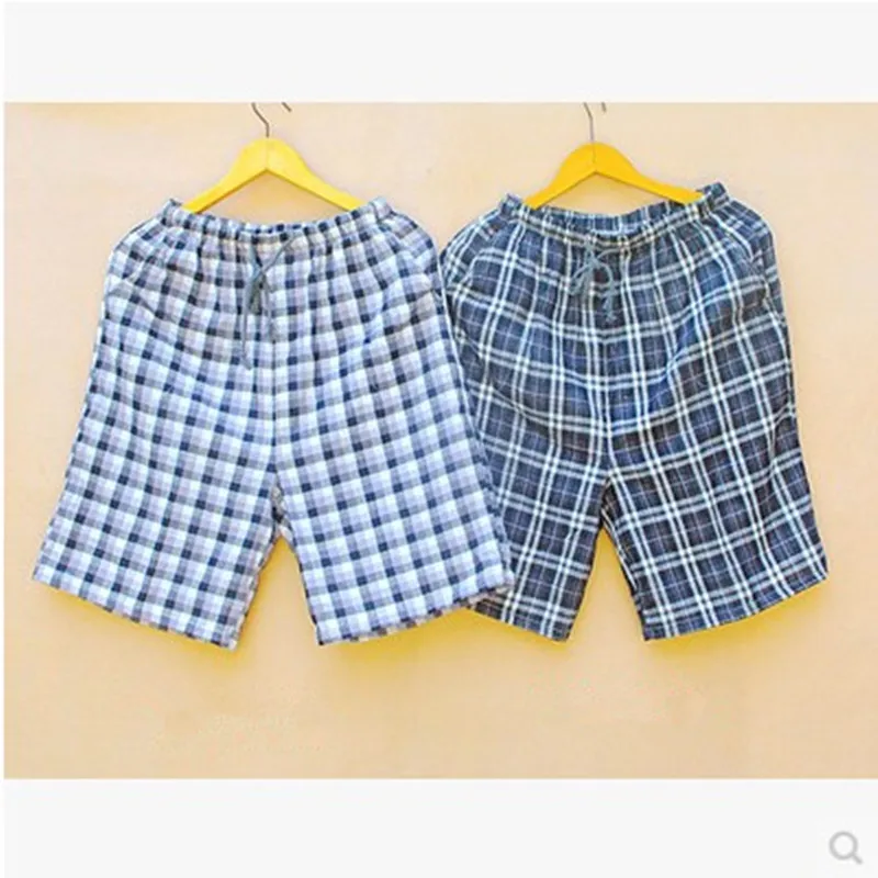 Мужские летние хлопковые шорты, двухслойная марля, пляжные шорты, домашняя одежда, клетчатые шорты, штаны для сна
