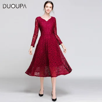 

New spring dress of 2019 with thin body and V-collar medium and long lace pendant dress