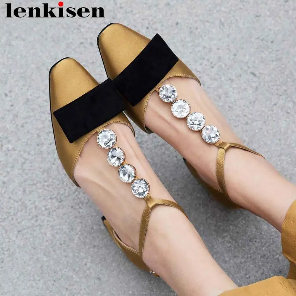 

Lenkisen brilliant crystals chain decoration buckle strap women pumps low heels beauty girls natural leather satin shoes L5f1