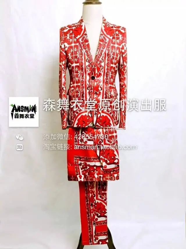 

S-5XL 2019 Men's New male slim singer Chinese wind court porcelain Satin Suit set costumes formal dress Men clothing jackets