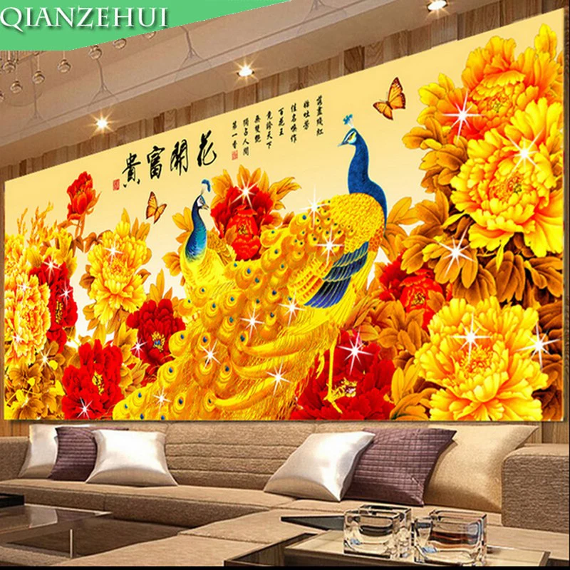 

QIANZEHUI.Needlework,DIY Golden Peacock Landscape Cross stitch,Sets For Embroidery kits Peacock and Peony Cross-Stitch