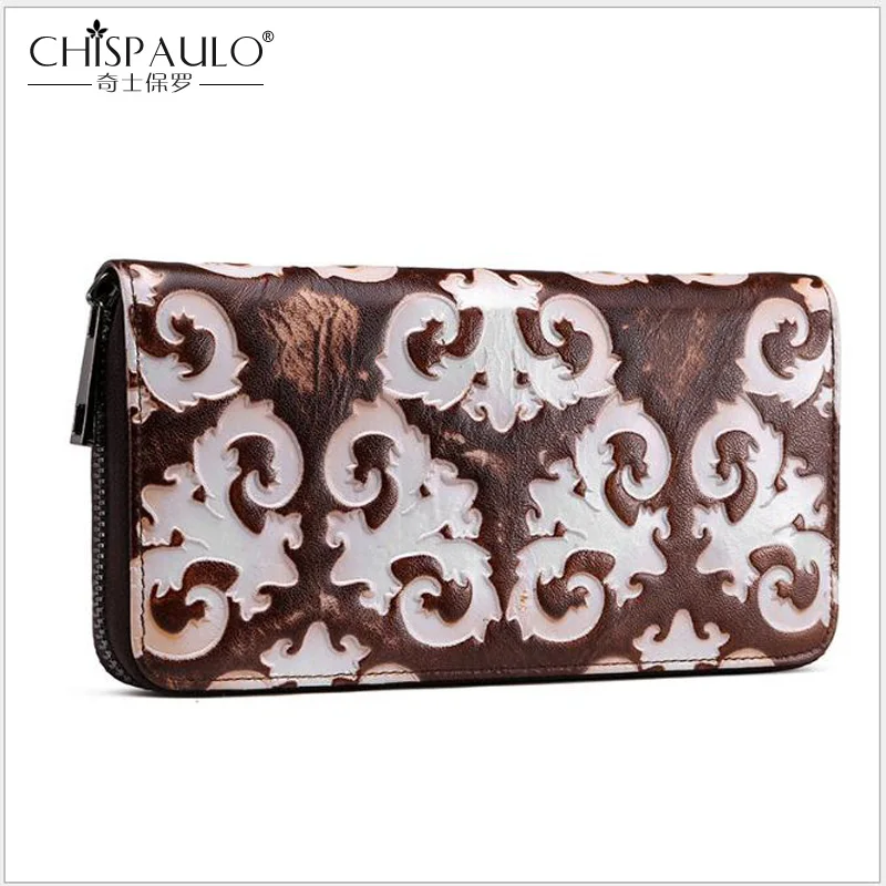 

New Vintage Embossing Women Wallets Genuine Leather Long Purse Zipper Luxury Bag Women Purse Standard Ladies Coin Wallet Clutch