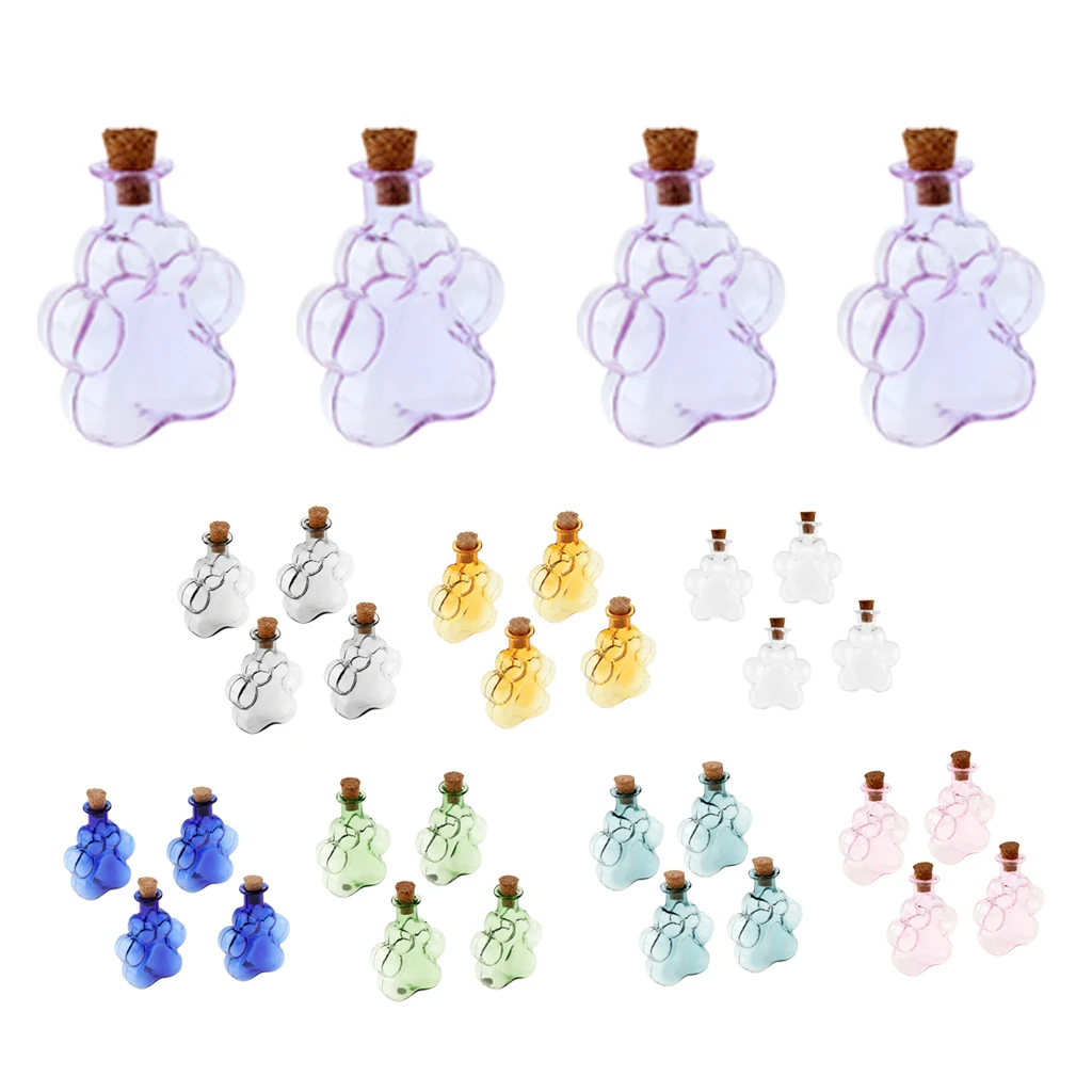 4Pcs Mini Paw Empty Glass Wishing Bottle Vial Pendant Charms Jars with Cork Stoppers DIY Craft