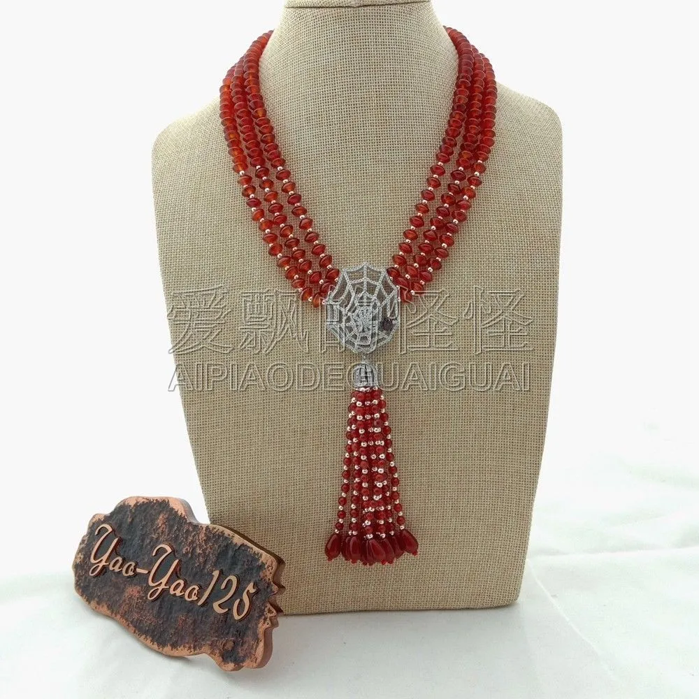 

Women's 19" 3 Rows Red Stone Necklace CZ Pendant