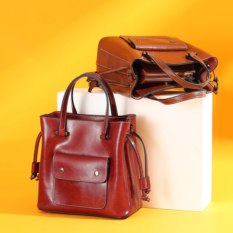 

Hot Sales Women Handbags 100% Genuine Leather Bucket Handbags Real Cow Leather Ladies Shoulder Crossbody Bags