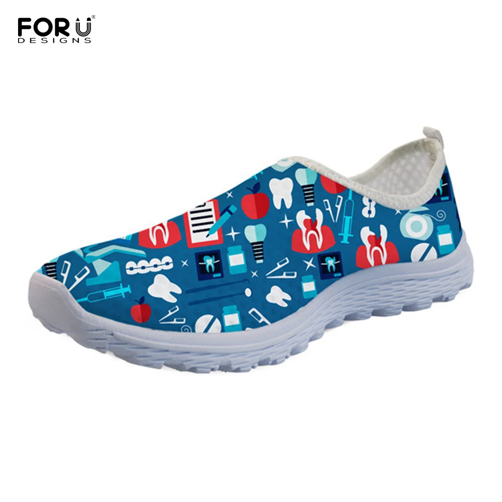 

FORUDESIGNS Women's Mesh Shoes Cartoon Dental Printed Ladies Breathable Flats Shoes Slip-on Cute Walking Shoes Zapatos Mujer
