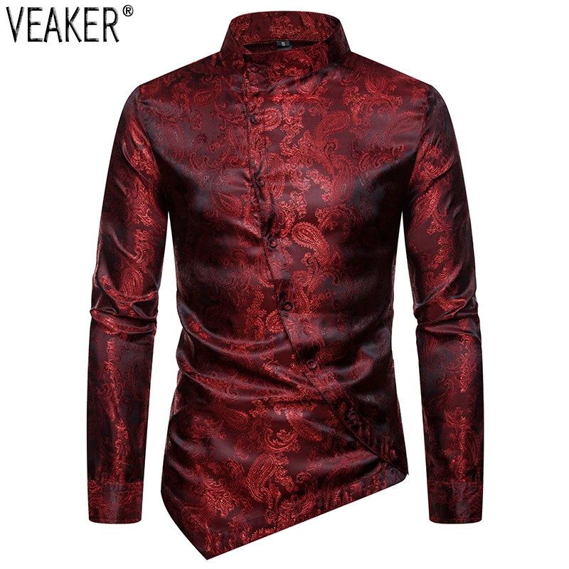 

2019 New Men's Silk Satin Printed Shirt Male Floral Print Business Casual Shirt Men Long Sleeve Slim Fit Chinese Style Shirts