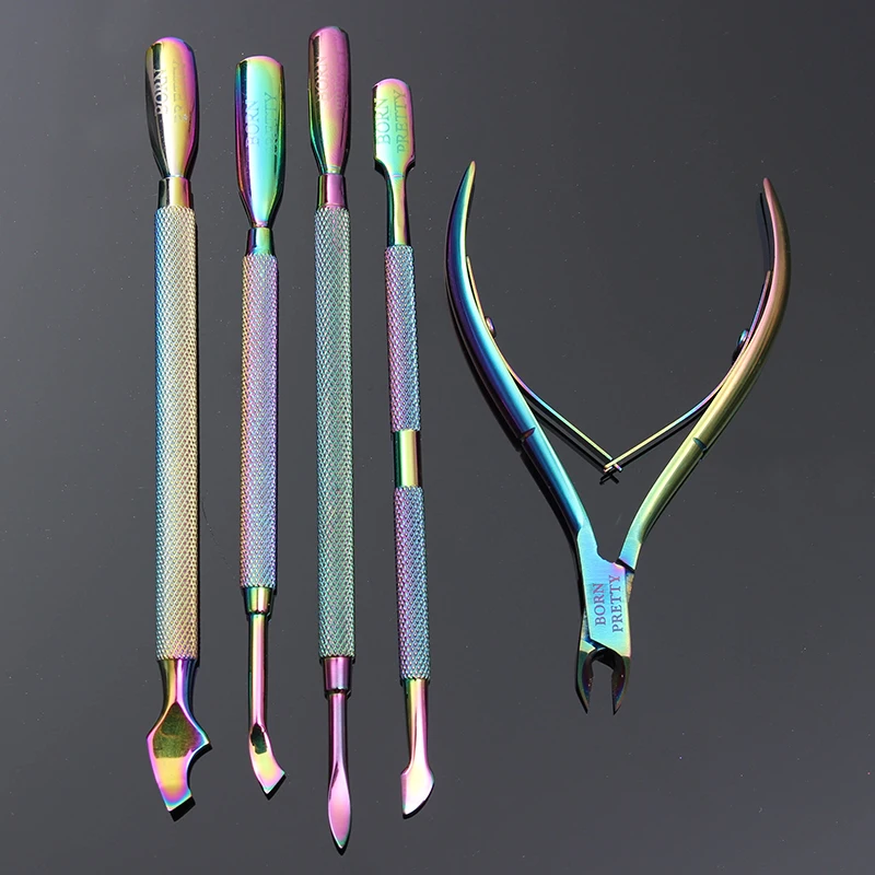

BORN PRETTY Cuticle Pusher Remover with Nipper Rainbow Stainless Steel Manicure Nail Art Tool Set