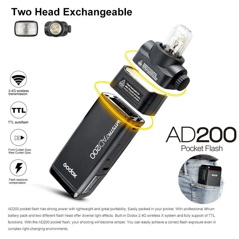 US $329.00 GODOX AD200 TTL 24G HSS 18000s Pocket Flash Light Double Head 200Ws With 2900mAh Lithium Battery Flashlight Flash