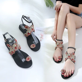 

MOBI black flat gladiator sandals women summer 2019 new sandalias planas mujer boho butterfly-knot rhinestone retro shoes woman