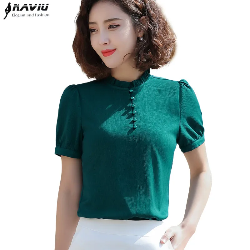 

Elegant women short sleeve chiffon shirt summer new high quality stand collar loose fashion blouse office ladies plus size tops