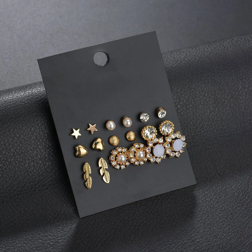 

9 Pair/Set Vintage Leaf Star Heart Shape Ear Studs Women Rhinestone Pearl Ear Rings Wedding Bridal Ear Studs Kit