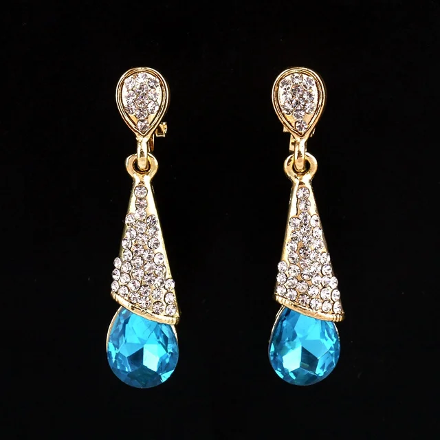 Blue Water Drop Dangle Earrings Gold C Austria Crystal Long Ear Clip Blue Water Drop Dangle Earrings Gold C Austria Crystal Long Ear Clip Rhinestone Cz Women Party Engagement Wedding Jewelry