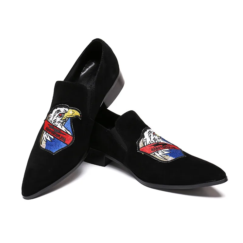 Christia Bella New Fashion Pointed Toe Men Loafers Chicken Embroidery Suede Leather Shoes Formal Party Dress Nightclub Men Shoes