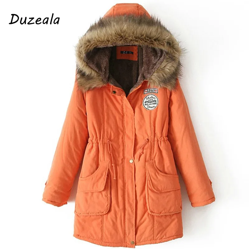 Duzeala парка Женское пальто Модные осенние теплые зимние куртки для женщин меховой воротник Длинная парка размера плюс толстовки хлопковая верхняя одежда - Цвет: Orange