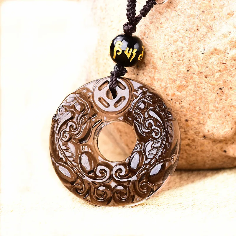 

Genuine Natural Ice Clear Obsidian Carved Double PiXiu Coin Lucky Blessing Pendant + Black Beads Necklace Fashion Jewelry