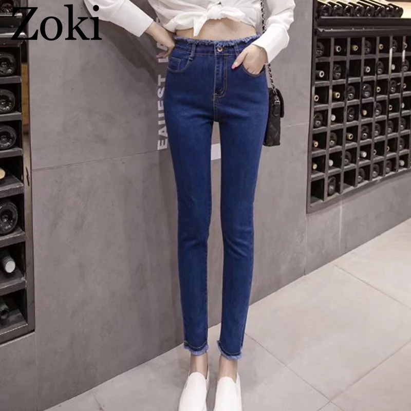 

Zoki Pencil Jeans for Women Spring High Waist Skinny Ankle-Length Pants Casual Tassel Denim Bleached Blue Mom Jeans Cotton 2019