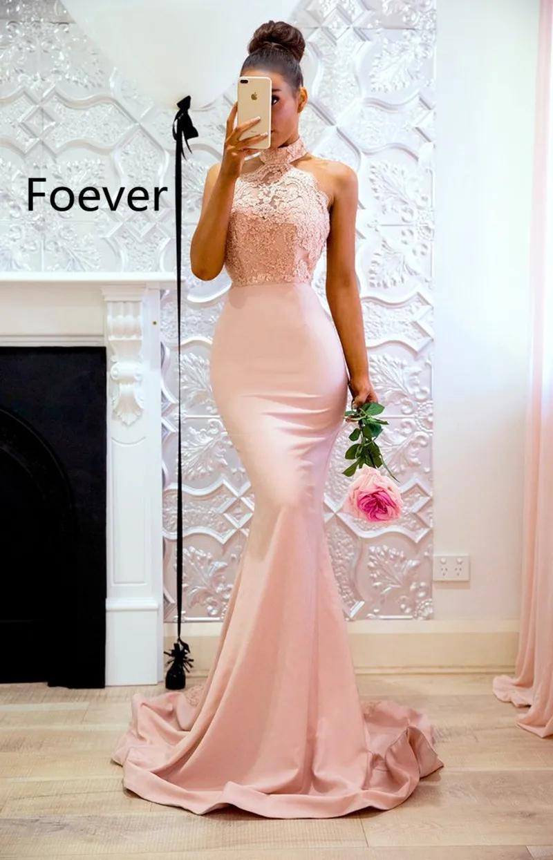 Robe De Soiree Pink Mermaid Evening Dresses Long 2019 Halter Hollow Sexy Backless Customizable Women Evening Gowns