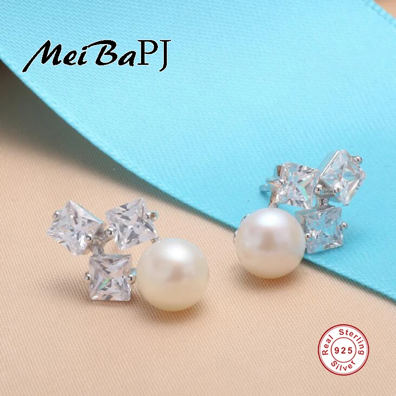 

[MeiBaPJ]AAAA Zircon earrings freshwater pearl 925 sterling silver stud earrings for women promotion item high quality earrings