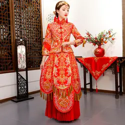 Роскошный для женщин Cheongsam Изысканный Вышивка Формальные плиссированное платье со стразами Qipao за рубежом китайский кисточкой Свадебные