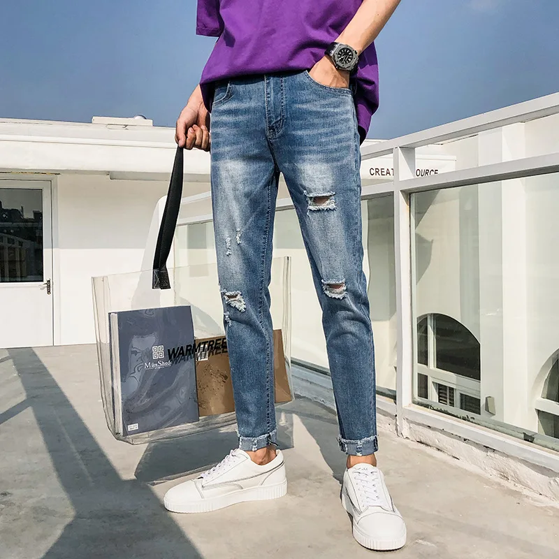 

2019 Spring and Sunmmer New Hole Men Jeans Casual Style Slim -fit Jeans Stretch Nine Pants Youth Trend Pants Jeans Men