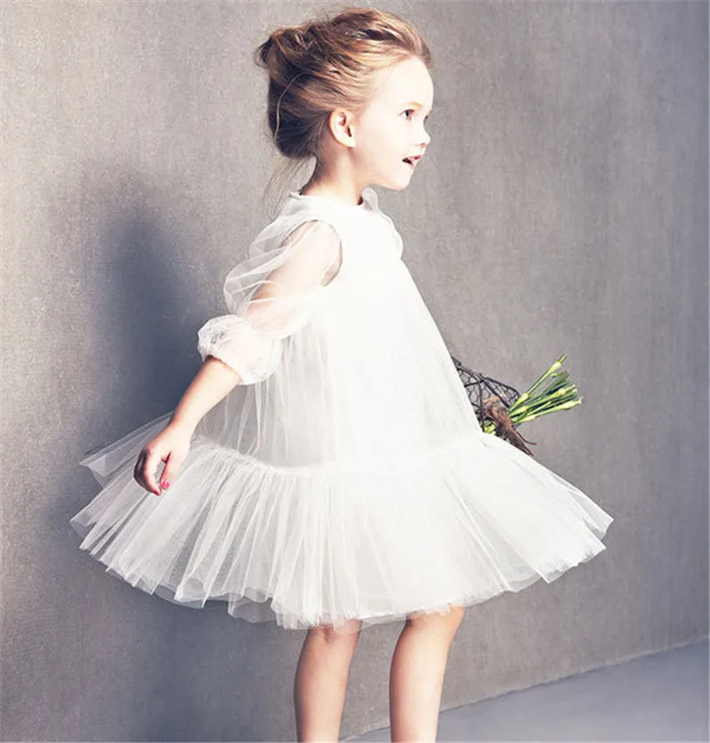 Детское мягкое многослойное фатиновое платье для девочек, шифоновое бальное платье с длинными рукавами для малышей, детские платья розового и белого цвета, фатиновое платье с пышной юбкой - Цвет: Белый