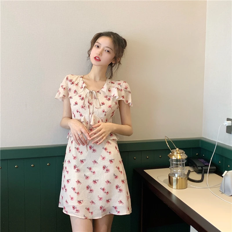 vintage sweet style chiffon Women's Clothing dress print Slim fit ruffles Slim fit short dresses summer Korean fashion new