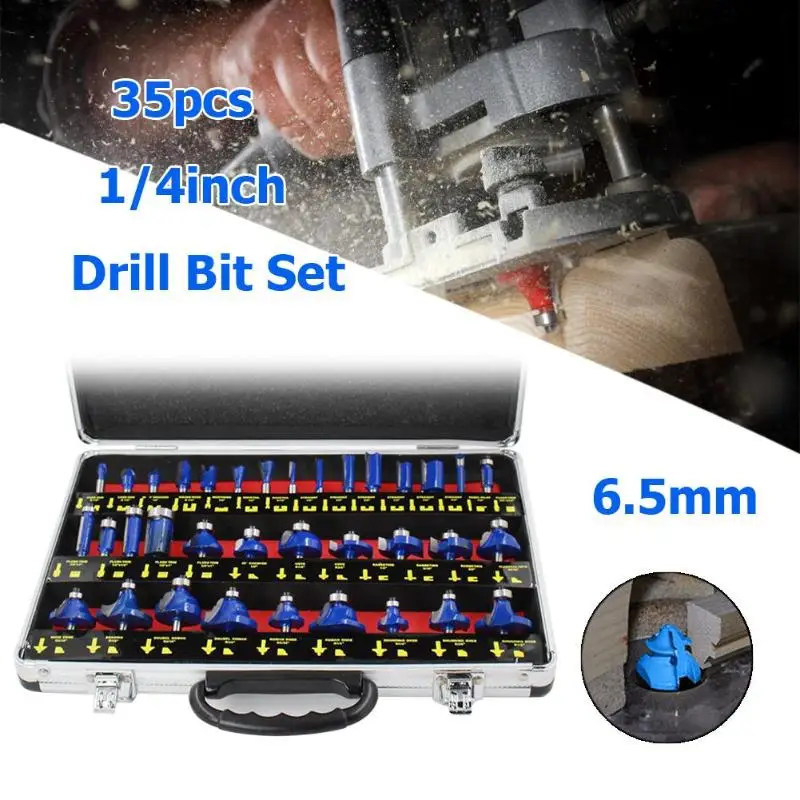 35 шт./компл. 1/4in быстроходный деревообрабатывающий фрезерный станок адаптер Бит мельница гравировка отделка деревообрабатывающий фасонно-Фрезерный резак триммер адаптер с Алюминий коробка