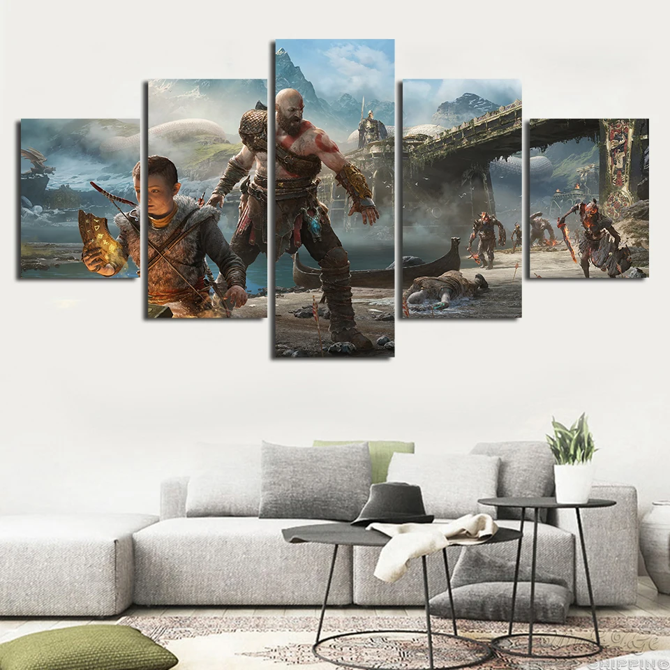 Wall-Frame-Modular-Prints-Picture-Artworks-5-Pieces-Finding-Treasure-God-Of-War-Canvas-Painting-Decor