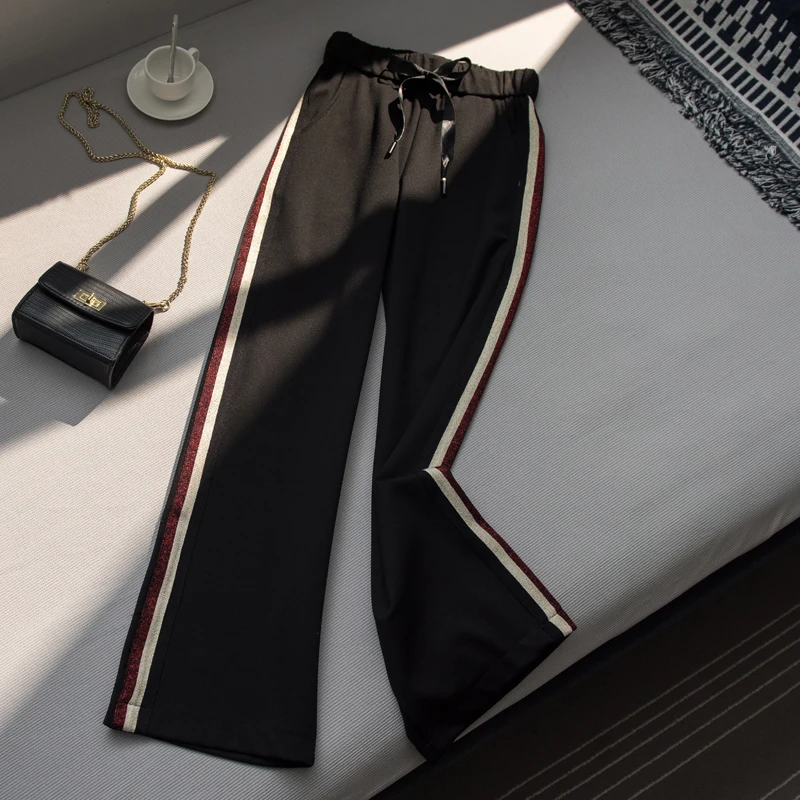 Wide Leg Pants Female Spring and Autumn Side Striped Casual Sweatpants Trousers Korean Loose Straight Nine Point Pants