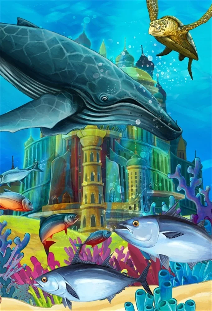 

Laeacco Sea Underwater Tortoise Whale Castle Baby Photography Backgrounds Customized Photographic Backdrops For Photo Studio