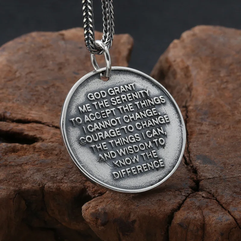 BOCAI S925 Silver Vintage Fashion Round Pendant Personality Prayer Hand Letters for Men and Women