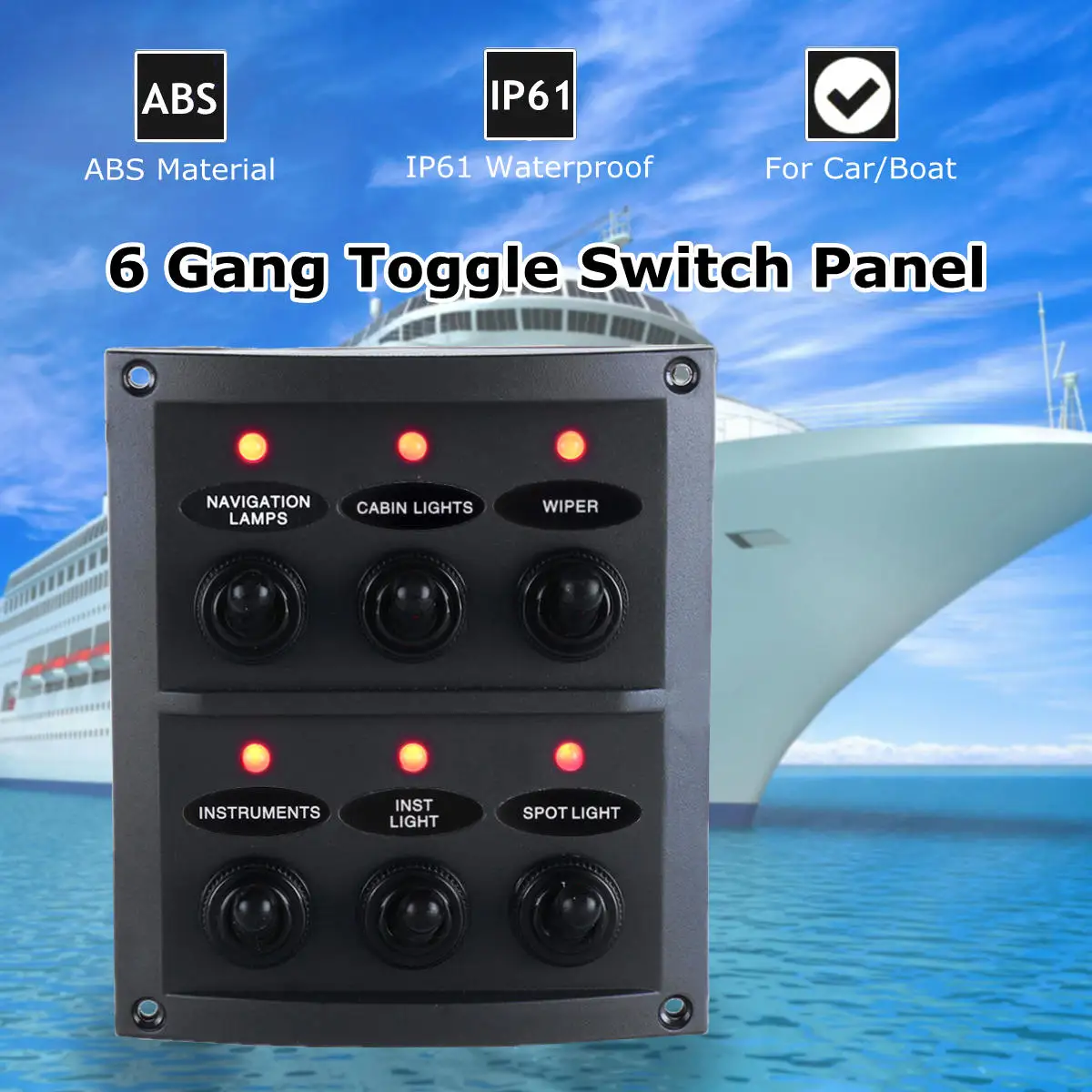 

Car Boat Marine 6 Gang Toggle Switch Panel Red LED Light 15A Blade Fuses 12V 24V