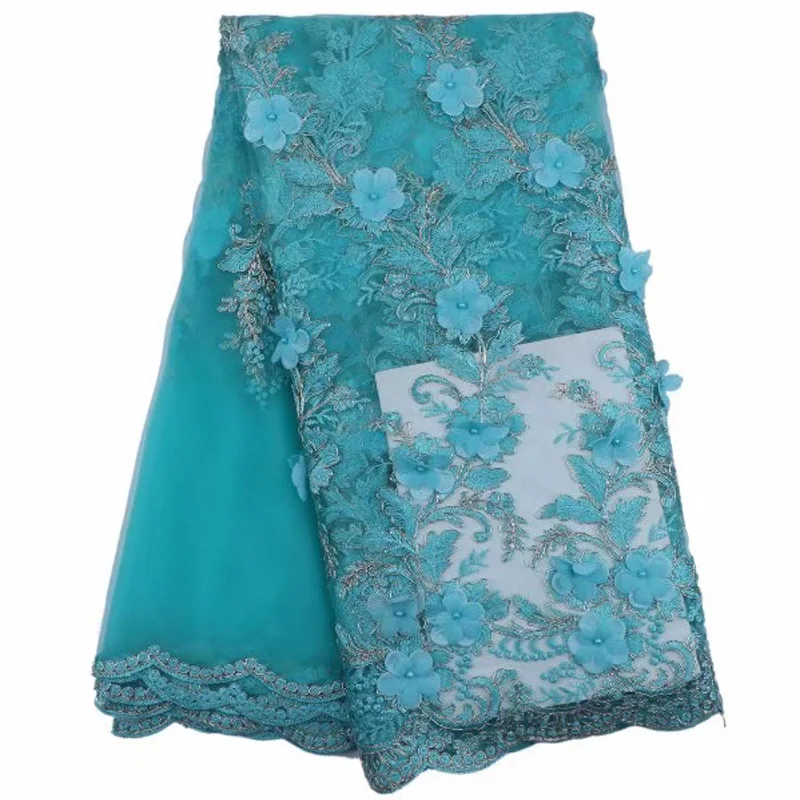 

(5yards/pc) Aqua green African tulle lace fabric 3D flowers appliqued French lace fabric with beads for party dress FLE105