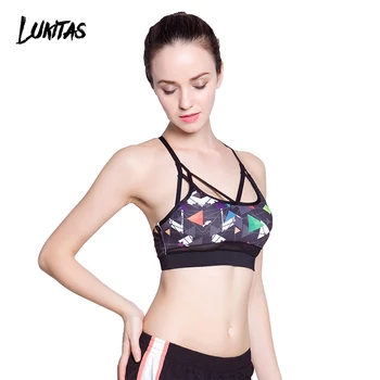

LUKITAS Fitnes Women Sexy Print Push Up Cross Strap Breathable Polyester Elastic Yoga Jogging Gym Dance Workout Padded Sport Bra
