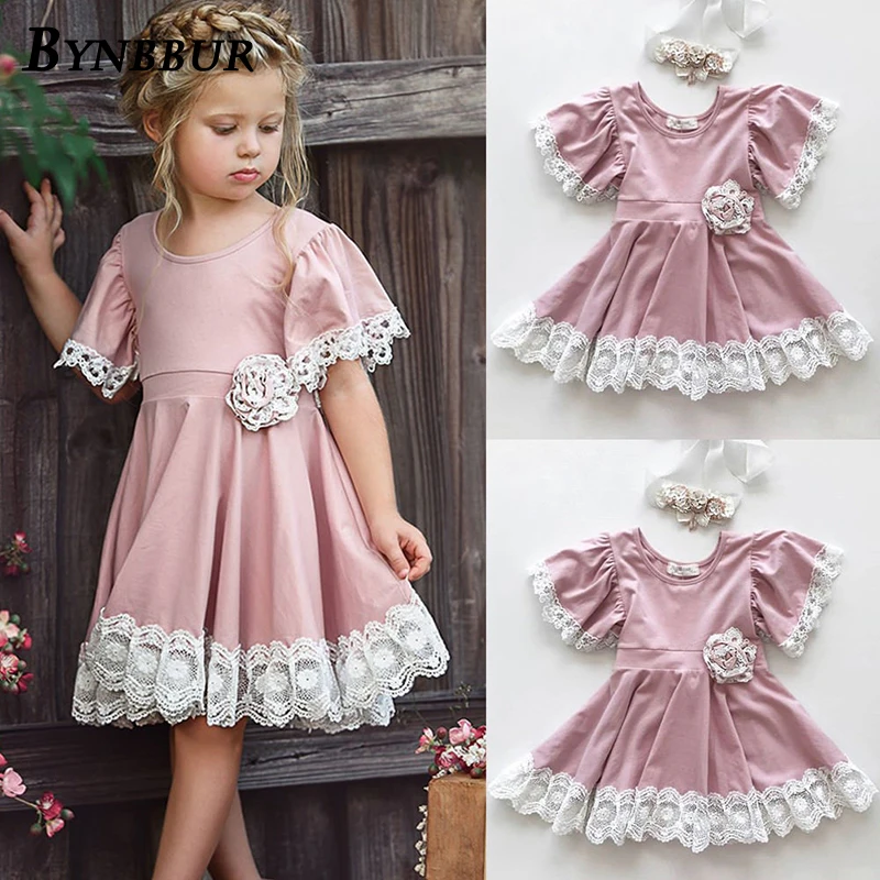 Bynbbur Lace Patchwork Solid Cotton Dress Girls Kid Lace Floral Attached Party Dress Cute Baby Princess Dress 2019 Summer New