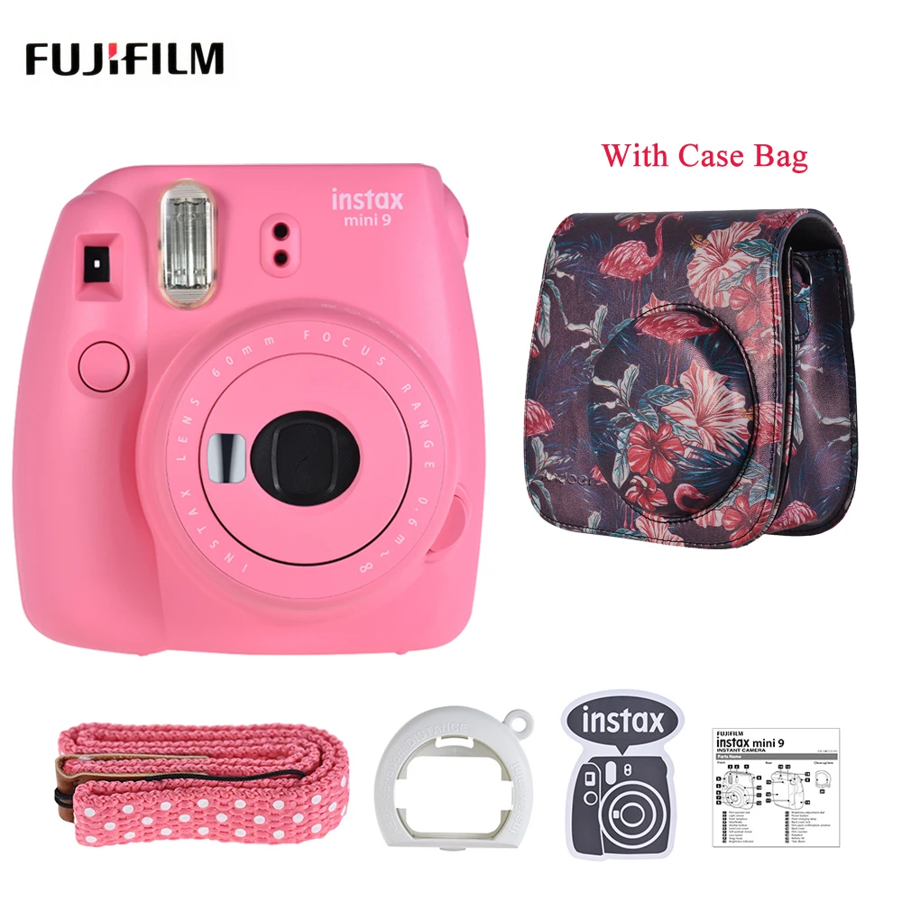 

Fujifilm Instax Mini 9 Camera Instant Camera Film Cam with Selfie Mirror, Blue/ Pink/ White/ Green+Camera Case Bag with Strap