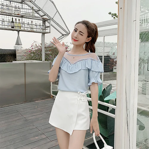 Корейский Новый 2019 повседневное элегантный Hauts Femme сексуальные с сеточкой в стиле петчворк Blous Chic краткое Бабочка рукавом Camisas Mujer Корейский Новый 2019 повседневное элегантный Hauts Femme сексуальные с сеточкой в стиле петчворк Blous Chic краткое Бабочка рукавом Camisas Mujer