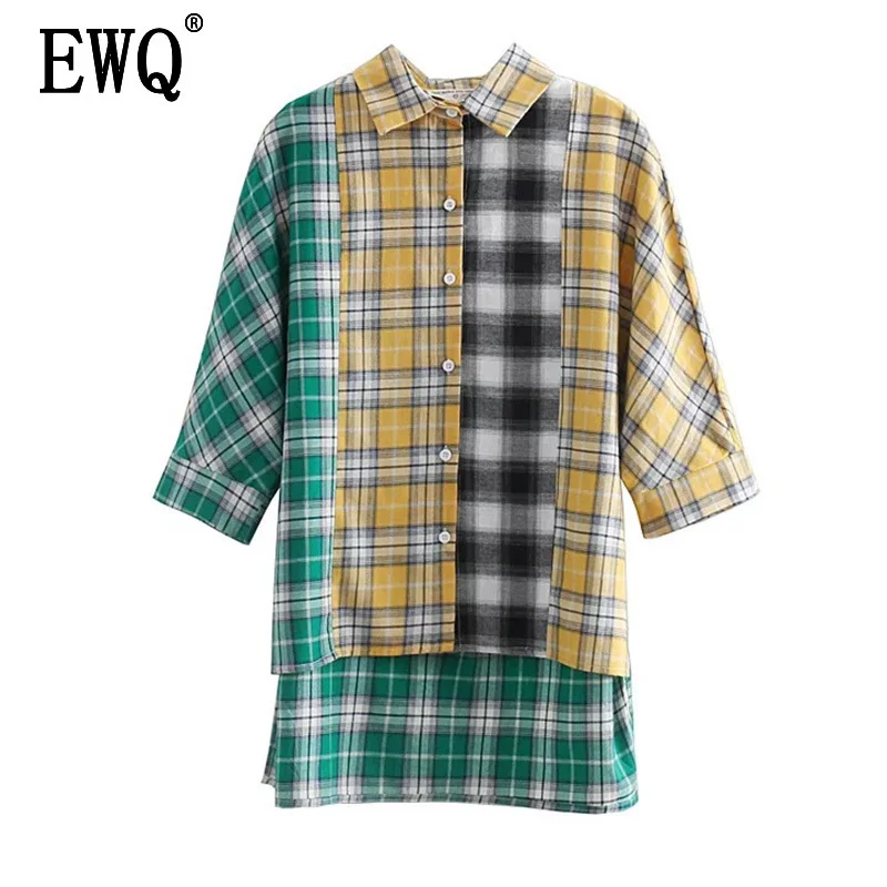 

[EWQ]New Summer Spring 2019 Square Collar Three Quarter Plaid Patchwork Button Shirt Female Clothing Casual Blouse AA435
