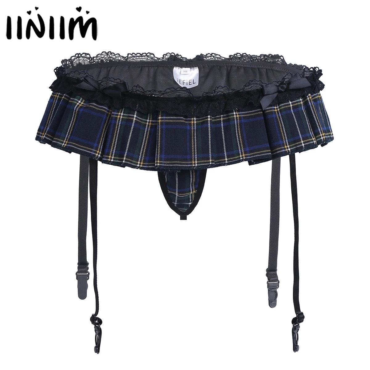 

Women Erotic Lingerie Plaid Little Skirted G-string Underwear with Sock Garter Belt Holder Fastener Suspender Open Butt Panties