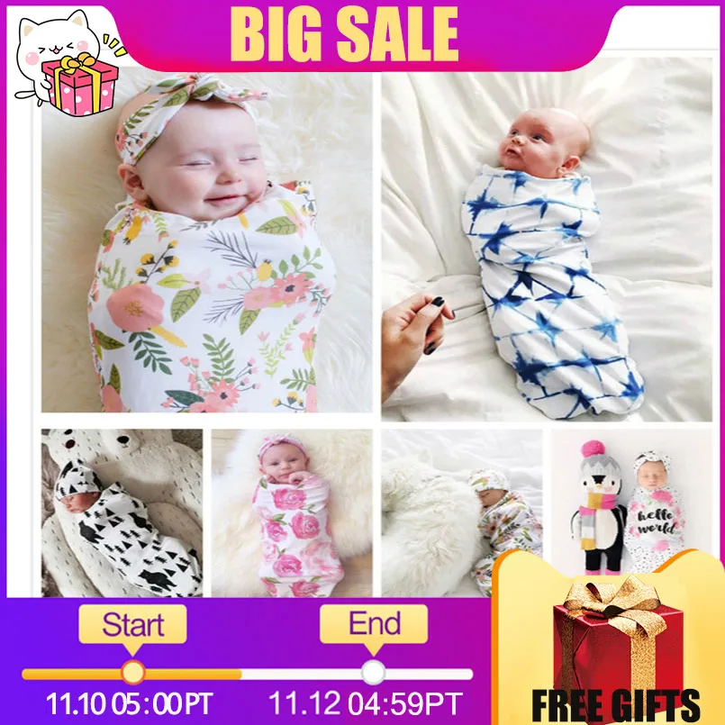 

Soft Muslin Cotton Baby Swaddle Wrap Set Newborn Sleeping Baby Blankets Bags Infant Photography Props Fashion Cute Ins Headband