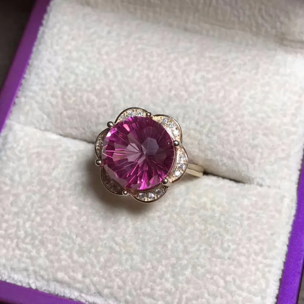Natural 12*12mm Fireworks pink topaz gem Ring Natural gemstone Ring S925 silver elegant Triangle Pretty women's wedding jewelry