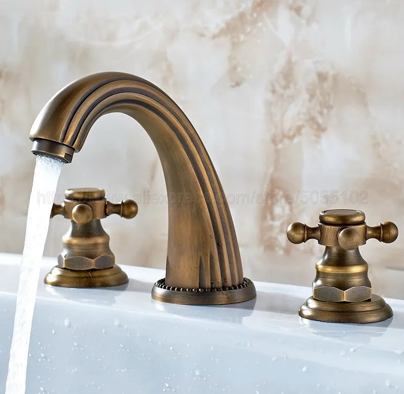 3 pcs Antique Brass Deck Mounted Bathroom Mixer Tap Bath Basin Sink Vanity Faucet Water Tap Bath Faucets znf199