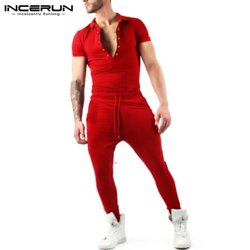 

INCERUN Men Solid Color Fashion European American Jumpsuit Lapel Short-sleeved Elastic Waist Loose Streetwear 2019 Jumpsuit 5XL