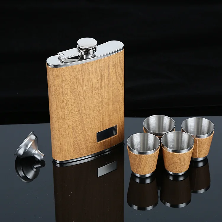 Zeafree 9 Oz Wooden Hip Flask Set with 1 Funnel and 4 Cups Whiskey Wine Steel Flagon Bottle Travel Drinkware for Gifts