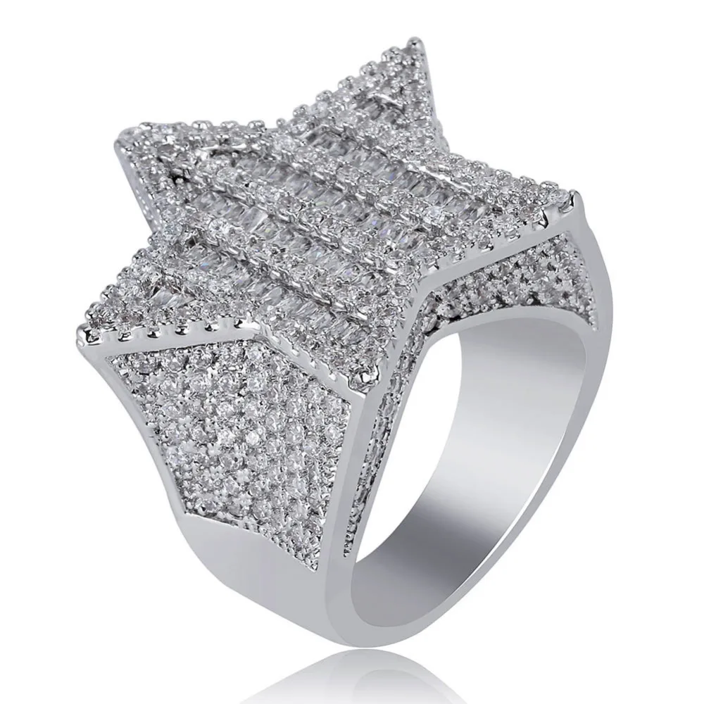 JINAO дизайн Золото Серебро Цвет пятиконечное кольцо со звездами микро проложили большой циркон блестящий хип хоп палец кольцо для мужчин женщин подарок