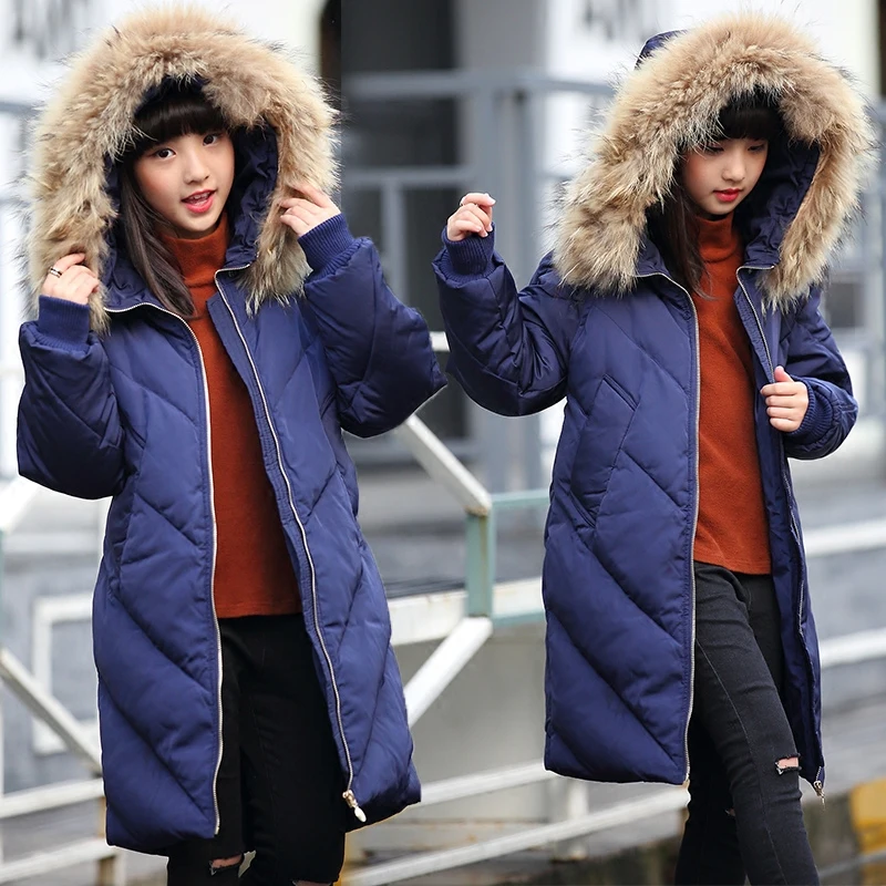 Длинные пуховые пальто на утином пуху для девочек зимние толстые теплые детские пальто с меховым капюшоном для девочек Детская верхняя одежда на зиму 13 14