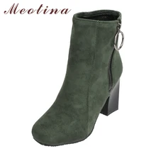 Meotina/женские ботильоны на высоком каблуке; коллекция года; Сезон Зима; Осенняя обувь на молнии и толстом каблуке; женские полуботинки зеленого цвета; большие размеры 33-45