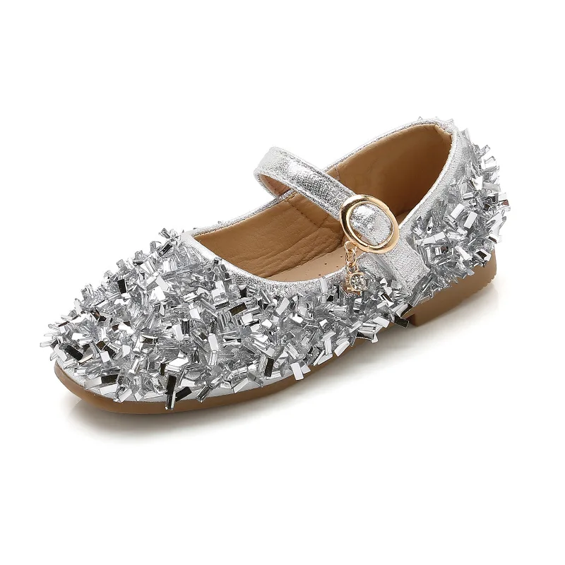 Black pink Silver Childrens leather shoes Girl Rhinestone Princess dancing shoes Kids Wedding Party Shoes For Girl 3-15T