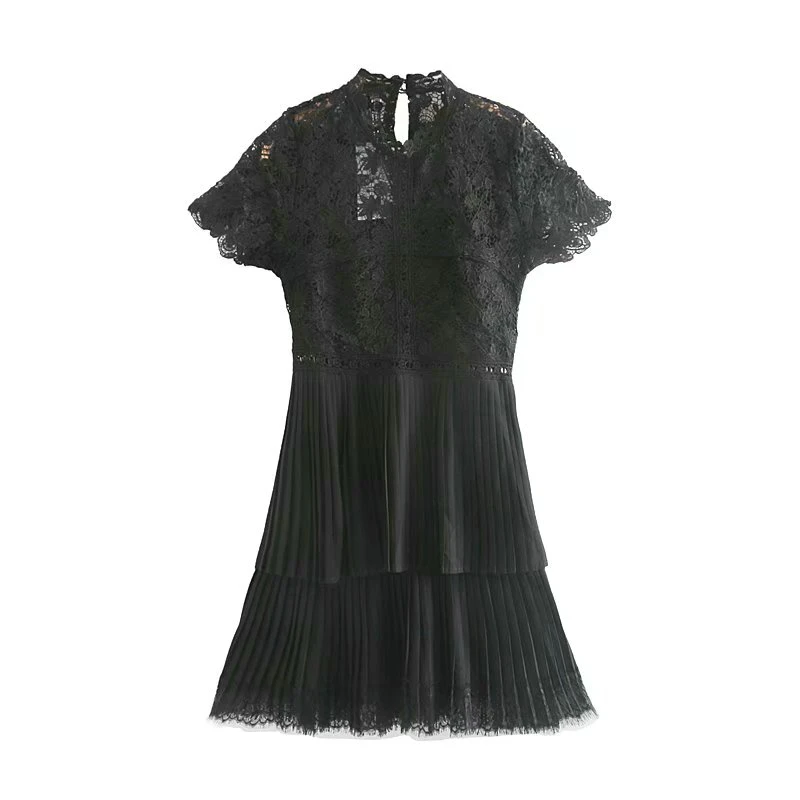 Tangada модное женское кружевное лоскутное элегантное Плиссированное Платье черное с коротким рукавом дамское короткое платье 4M17 - Цвет: Черный